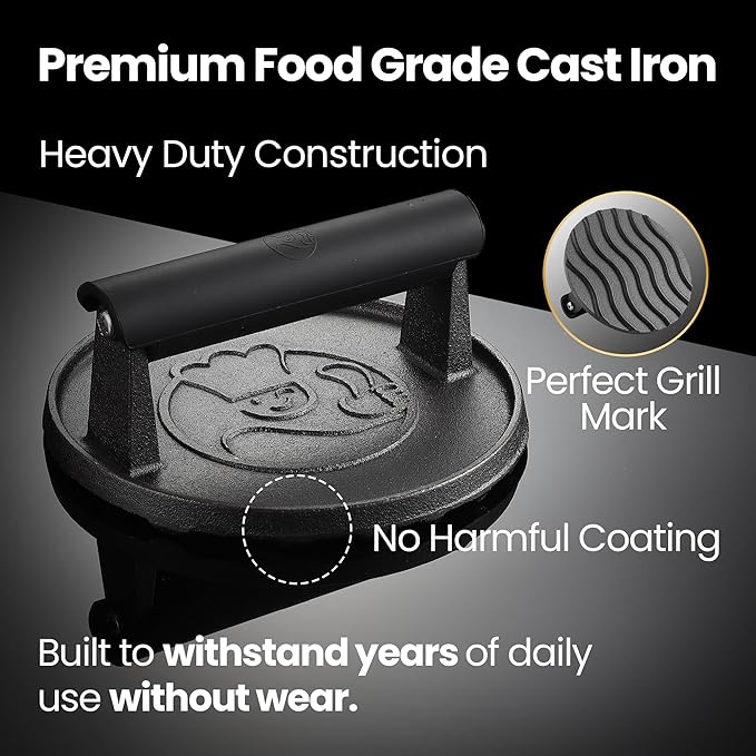 Smash Burger Press for Griddle, 2 lb Heavy Duty Burger Smasher Tool with Heat-Resistant Handle, Premium Cast Iron Bacon & Sandwich Maker, Hamburger Press for BBQ Grilling Accessories, 5-Year Warranty