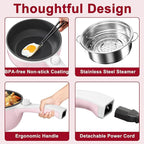 Dezin Hot Pot Electric with Steamer Upgraded, Non-Stick Sauté Pan, Rapid Noodles Electric Pot, 1.5L Mini Pot for Steak, Egg, Fried Rice, Ramen, Oatmeal, Soup with Power Adjustment