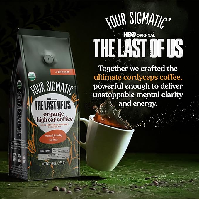 Four Sigmatic Focus Max High Caffeine Cordyceps Coffee | Organic Dark Roast High Caffeine Ground Coffee with Cordyceps, Lion's Mane and B12 | Energy Booster Without the Jitters | 10oz Bag