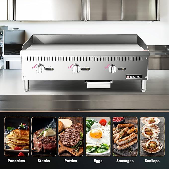 WILPREP Commercial Gas Griddle, 36 in. Gas Countertop Griddle with 3 30000 BTU U-Shaped Burners, NG LPG Compatible Flat Top Grill Hot Plate with Independent Knob Controls for Home Commercial Kitchen