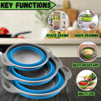 Collapsible Colander 3-Pack Set, Collapsible Strainers for Kitchen, Foldable Space-Saving Colander Strainer Set, Pasta Strainer for Vegetables & Fruits, Durable Non-Slip Strainers and Colanders (Blue)