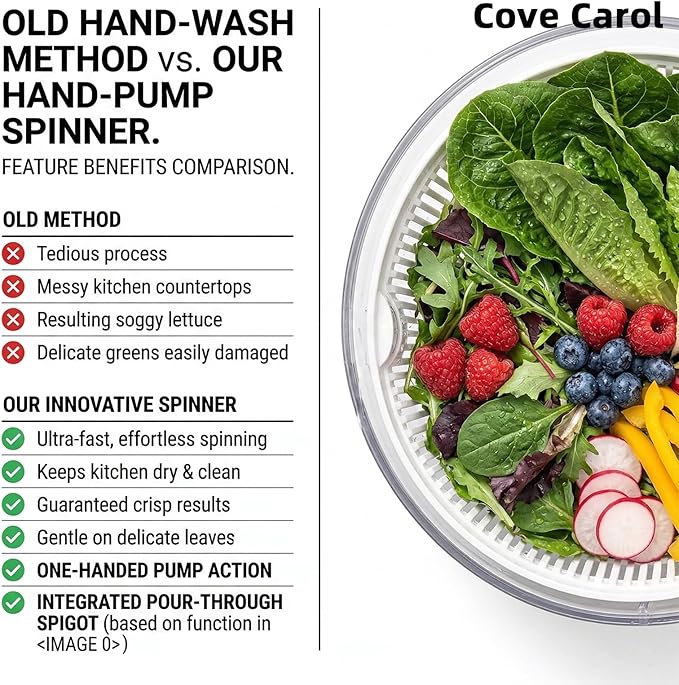 Cove Carol Large Salad Spinner, One-Handed Press-Type Vegetable Dryer, Built-in Filter Suitable for Fruits, Lettuce, and Vegetables; Salad Spinner, Lettuce Spinner 6.3 QT, Black