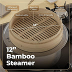 Prime Home Direct Bamboo Steamer Basket 12-Inch | 2-Tier Steamer for Cooking | 50 Liners, Chopsticks, Sauce Dish | Steaming Asian Food, Bao Buns, Chinese, Dim Sum, Dumpling, Rice, Vegetable Steam Pot