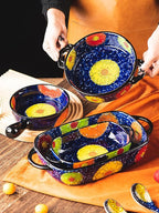Vintage Style Pottery Bakeware Colorful Daisy Pattern Ceramic Casserole Dish Baking Pan Lasagna Pans Baking Dish with Handles from Oven to Table Plate-1 PCS, 20 OZ