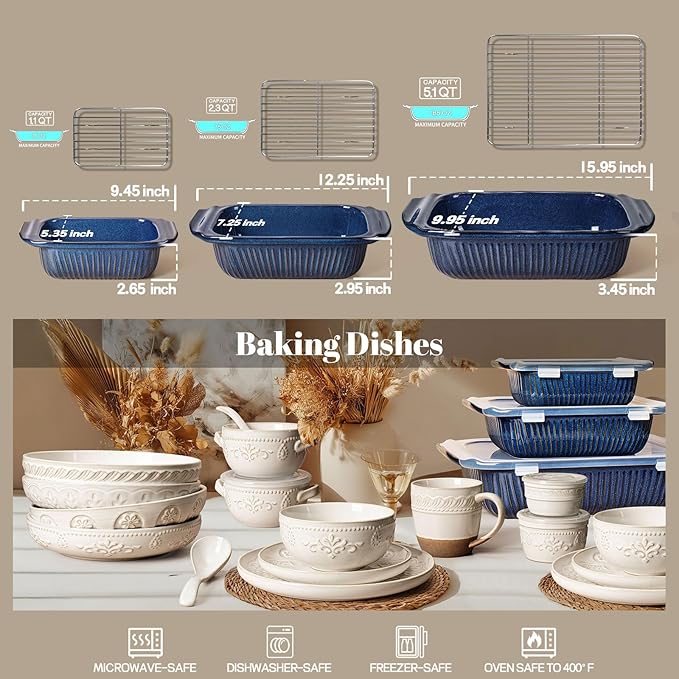 Artena Casserole Dishes For Oven, Ceramic Baking Dish, Large Lasagna Pan With Handles, Baking Pan Casserole Dish, Rectangular Bakeware Deep, Set Of 3 (5.1Qt/2.3Qt/1.1Qt) (Blue - Baking Dish With Rack)