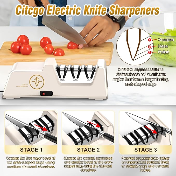 VIDOME Professional Electric Knife Sharpener with 100% Diamond Abrasives, 3-Stage Precision Angle Guides, Champagne Gold, for Kitchen Straight Edge and Ceramic Knives