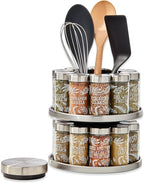 Kamenstein 20 Jar Revolving Spice Rack with Integrated Tool Caddy, Brushed Stainless Steel with Stainless Steel Caps