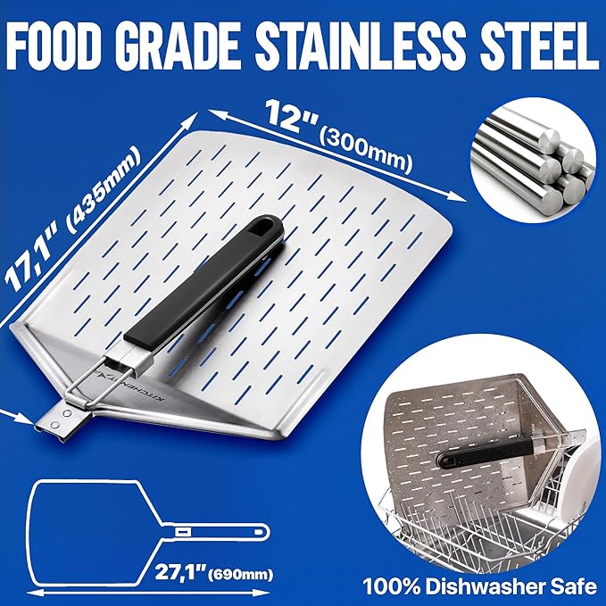 KitchenStar Perforated Pizza Peel 12 inch with 10 inch Folding Handle, Medium - Stainless Steel Spatula Paddle for Effortless Pizza Transfer & Easy Storrage - Outdoor Pizza Oven Accessories