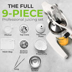 Zulay Kitchen Pulperizer 9 in 1 Cast Iron Juicer - Easy-to-Clean Heavy-Duty Manual Juicer with Presser Attachment to Juice All Types of Fruits! Extra Tall with Stainless Steel Bowl - White