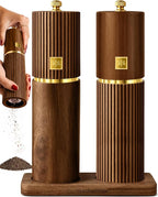 Wooden Salt and Pepper Grinder Set – Refillable Manual Salt and Pepper Mills with Adjustable Ceramic Burrs, Gold Detailing, and Wood Stand – Dark Wood
