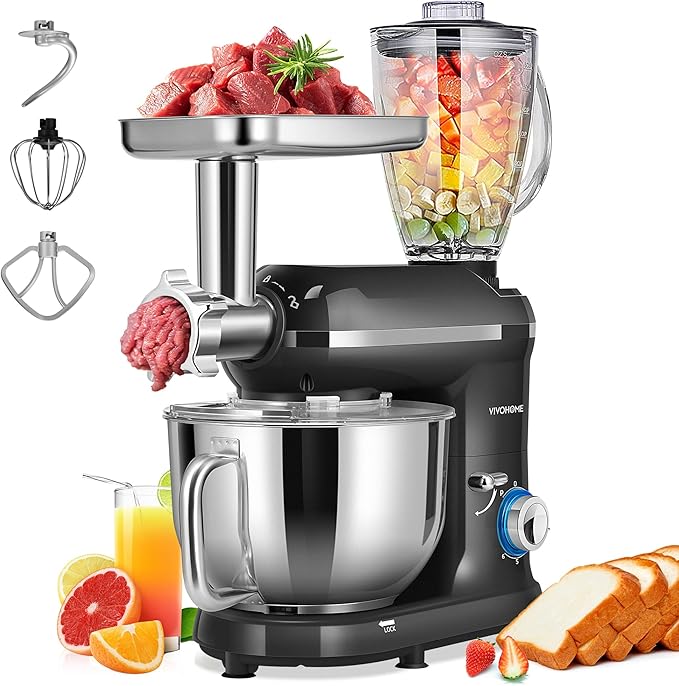 VIVOHOME 3-in-1 Stand Mixer, 6 Quart Electric Tilt-Head Kitchen Mixer with Bowl, Multifunctional Food Mixer with Meat Grinder and Blender Attachments, Dough Hook, Beater, and Whisk, Black