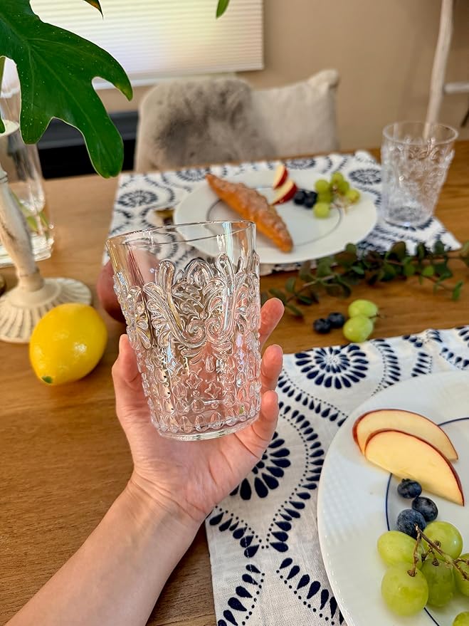 KLIFA- BLOIS- 15.2 ounce, Set of 6, Acrylic Tumbler Drinking Glasses, BPA-Free, Stackable Plastic Drinkware, Dishwasher Safe, Vintage Looking Cups, Clear