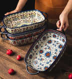 Vintage Style Tulip Flower Pattern Ceramic Bakeware Casserole Dish Baking Pan Lasagna Pans Baking Dish with Handles for Oven/Cooking/Kitchen-1 PCS-60 OZ