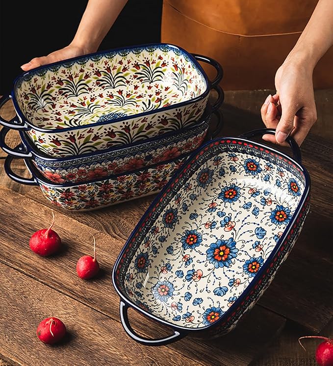 Vintage Style Tulip Flower Pattern Ceramic Bakeware Casserole Dish Baking Pan Lasagna Pans Baking Dish with Handles for Oven/Cooking/Kitchen-1 PCS-60 OZ