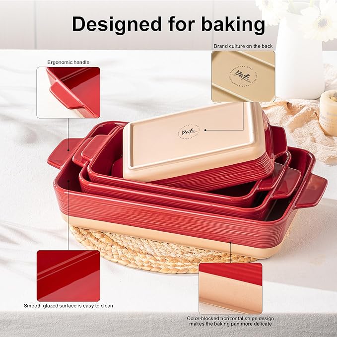 Dafuceramic Casserole Dishes for Oven, Baking Dishes, Ceramic Bakeware Sets of 4, Rectangular Baking Pan Set with Handles for Baking, Casserole, Kitchen, Wedding Gift (Red Yellow)