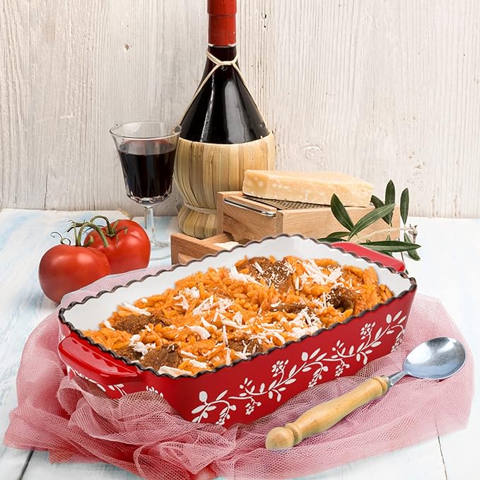 AVLA 3 Pack Ceramic Bakeware Set, Porcelain Rectangular Baking Dish Lasagna Pans for Cooking, Kitchen, Casserole Dishes, Cake Dinner, 12 x 8.5 x 6 Inches of Baking Pans, Banquet and Daily Use, Red