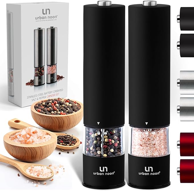 Electric Salt and Pepper Grinder Set - Matte Black Battery Operated Salt & Pepper Mills with Light (Pack of 2) - Automatic One Handed Operation with Adjustable Ceramic Grinders
