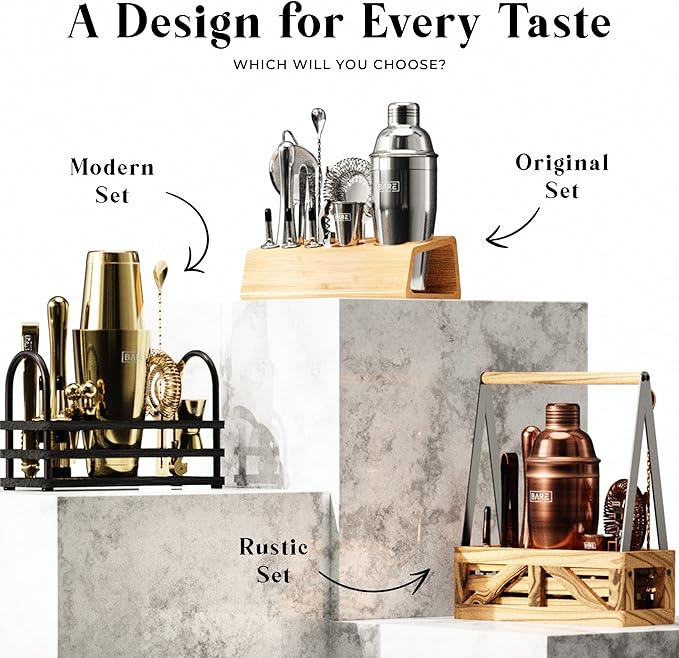 BARE BARREL® Mixology Bartender Kit Bar Set | 16-Piece Cocktail Shaker Set | Martini Barware Mixing Tools for Home Bartending | Incl. 35 Recipe Cards | Gift Set (24oz Cobbler Shaker, Brass/Black)