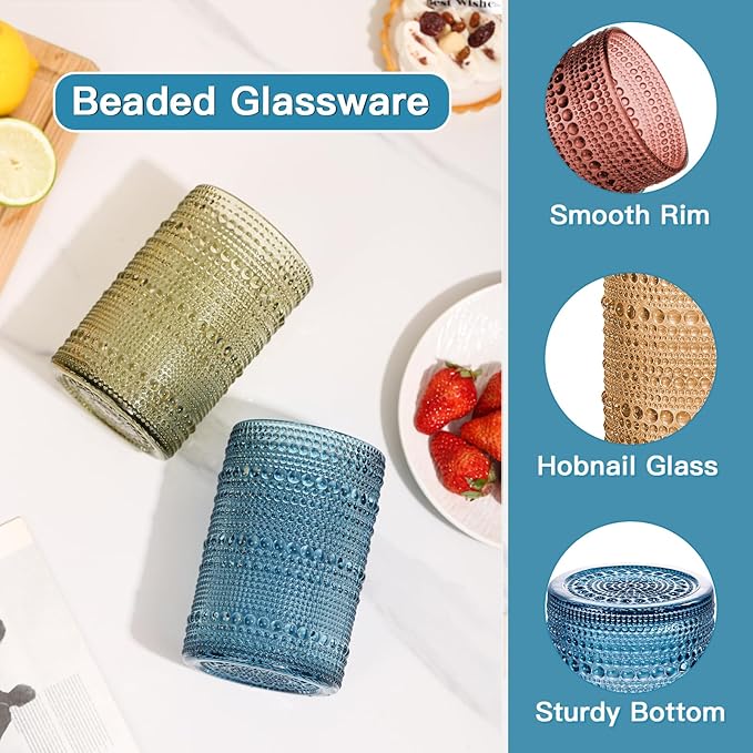 JOVGANK Colored Vintage Hobnail Drinking Glasses Set of 6, Water Tumbler 15oz, Kitchen & Bar Beaded Highball Glasses, Beverage Glass Cups for Water, Beer, Juice, Housewarming and Mother's Day Gift