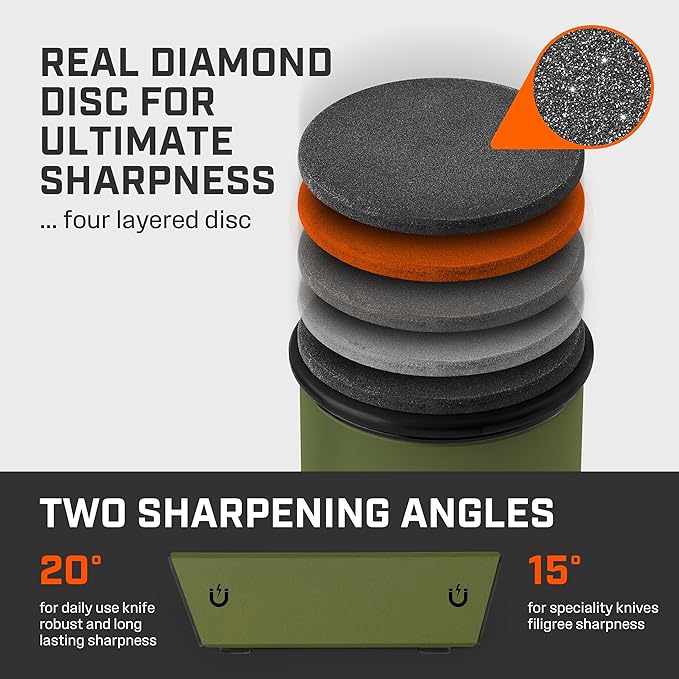 TUMBLER Pro Rolling Knife Sharpener™ - Knife Sharpening Made Easy - Ultimate Gift for Father's Day - Kit with Removable Disc System - 4-Layer Diamond Sharpening Disc & EdgeBoost Ceramic Disc (Green)