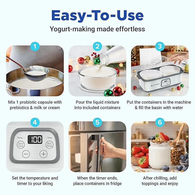 Ultimate Probiotic Yogurt Maker w/Adjustable Time & Temp Control - Make Trillions of Live Probiotics (Two 1-Quart Containers) - Best Xmas Gifts & Presents for Men & Women - ULTIMATE LIFETIME WARRANTY