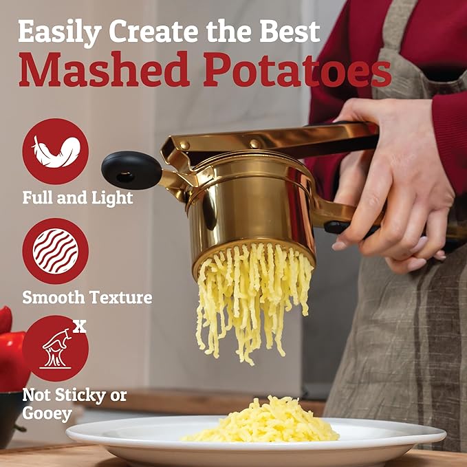 PriorityChef Large 15oz Potato Ricer, Heavy Duty Stainless Steel Potato Masher and Ricer Kitchen Tool, Press and Mash Kitchen Gadget For Perfect Mashed Potatoes - Everytime, Gold and Black