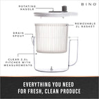 BINO | Salad Spinner - 2.6 Qt | Small Manual Lettuce Spinner with Built-in Draining System | Salad Spinner, Colander, and Water Pitcher in One | Fruit & Vegetable Basket Colander | Kitchen Gadgets