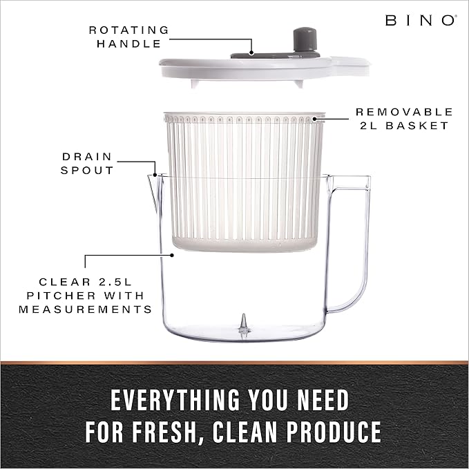 BINO | Salad Spinner - 2.6 Qt | Small Manual Lettuce Spinner with Built-in Draining System | Salad Spinner, Colander, and Water Pitcher in One | Fruit & Vegetable Basket Colander | Kitchen Gadgets