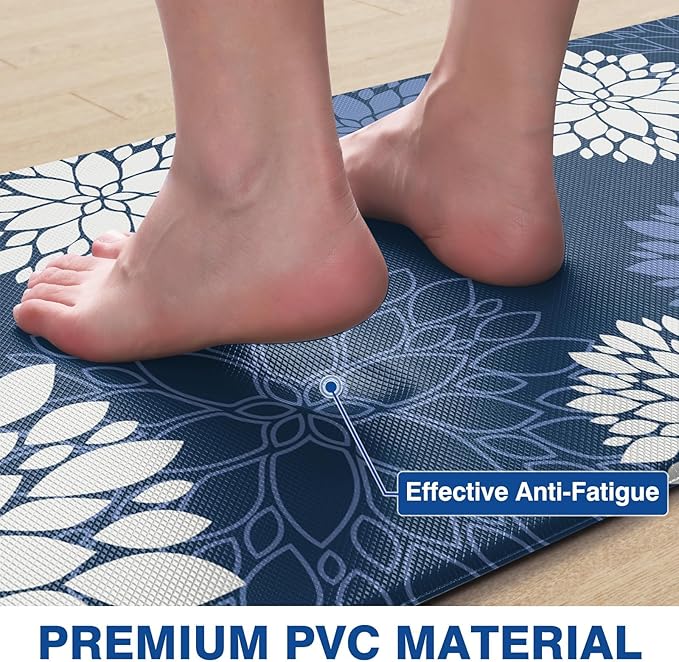 Kitchen Mats, 2PCS Non-Slip Cushioned Rugs, Anti-Fatigue Waterproof Floor Rug, Washable Standing Desk Mat, Home Laundry Office Apartment Decor and Accessories (17.3" ×59" +17.3" ×30"-Blue)