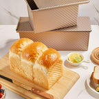 KITESSENSU Pullman Loaf Pan with Lid 2 Pack, 1 lb Dough Capacity Non-Stick Bakeware for Baking Bread, Carbon Steel Corrugated Bread Toast Box Mold with Cover for Baking Bread, Gold