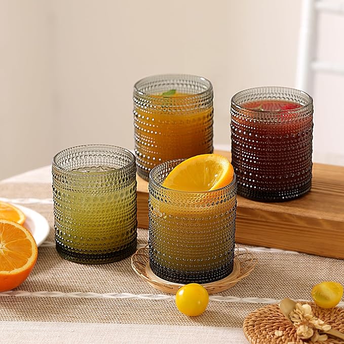Moretoes Hobnail Drinking Glasses Set of 12,10 Oz Cocktail Glasses Vintage Glassware, Textured Glass Cups Bubble Glasses Water Glasses Old Fashion Jupiter Glasses Set (Gray)