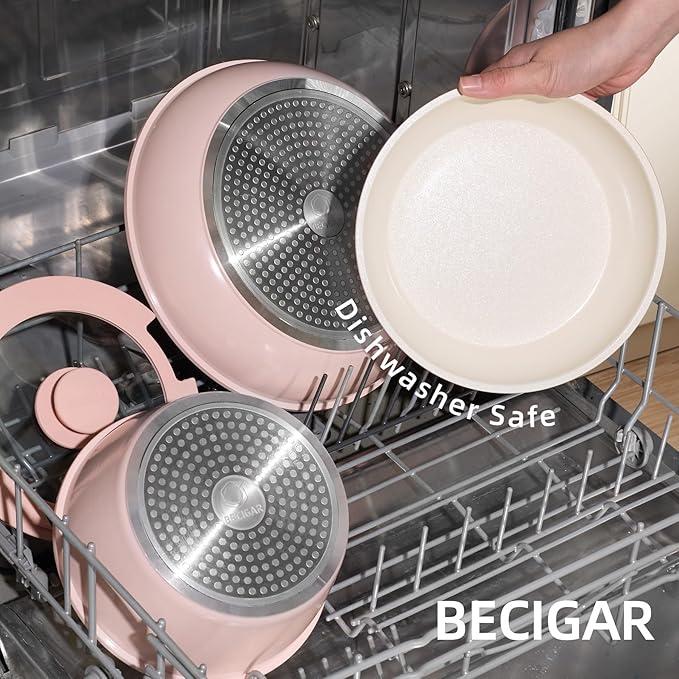 BECIGAR 8PCS Ceramic Cookware,Nonstick Ceramic Pan, Removable Handle Pots and Pans Set, Stackable Pan Set, Nonstick Pots and Pans Set Non Stick pot(Pink)