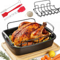 Large Nonstick Roasting Pan Kit with Rack (17x13 Inch) - Includes Baster, Pastry Brush & Twine for Turkey, Chicken, Ham - Even Heating, Easy Clean, Dark Grey