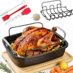 Large Nonstick Roasting Pan Kit with Rack (17x13 Inch) - Includes Baster, Pastry Brush & Twine for Turkey, Chicken, Ham - Even Heating, Easy Clean, Dark Grey