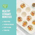 GreenLife 12-Cup Muffin Pan, PFAS-Free Healthy Nonstick Baking Tray, 11.4" x 1.9" x 15.9", Durable Ceramic Bakeware, Cupcakes, Egg Bites, Tarts, Brownies, Turquoise
