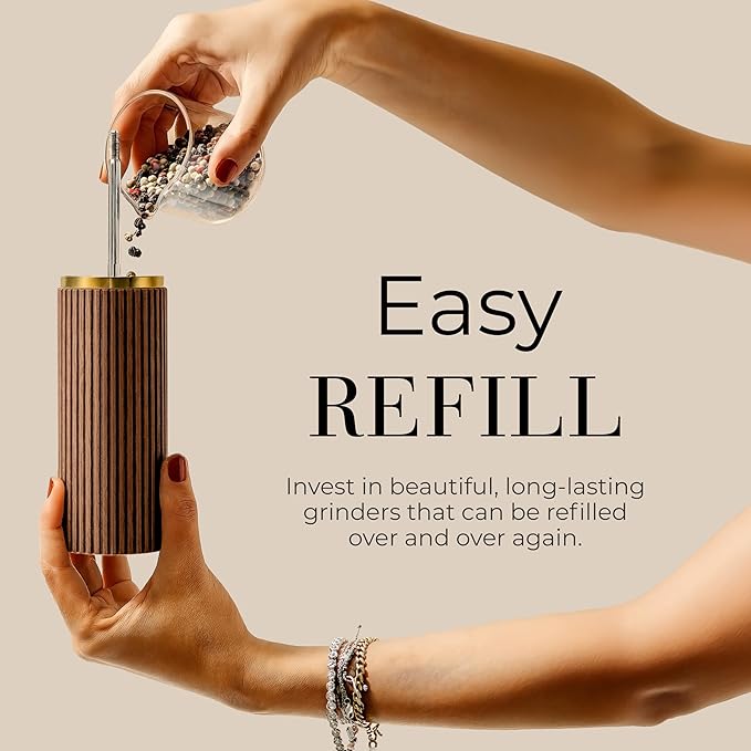 Wooden Salt and Pepper Grinder Set – Refillable Manual Salt and Pepper Mills with Adjustable Ceramic Burrs, Gold Detailing, and Wood Stand – Dark Wood