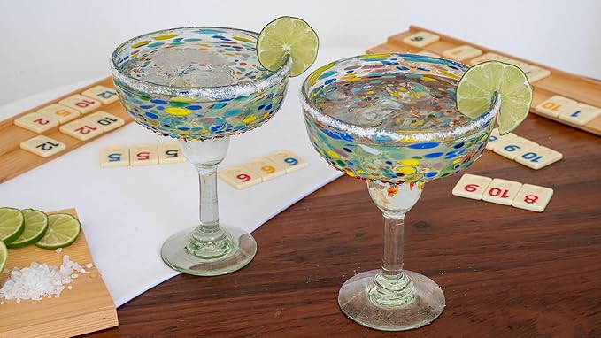 Confetti Dots Hand Blown Margarita Glasses - 100% Recycled Mexican Glassware - Artisan Crafted Drinking Glasses for Margaritas, Frozen Cocktails or Tequila - Set of 4 (14 oz)