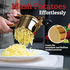 PriorityChef Large 15oz Potato Ricer With 3 Discs, Heavy Duty Stainless Steel Potato Ricer for Mashed Potatoes, Potato Masher, Press and Ricer Kitchen Tool, Gold Steel Black Silicone