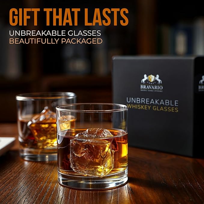 Bravario Unbreakable Whiskey Glasses, Plastic Rocks Glasses — 12.5 oz Clear Dishwasher Safe Tritan Old Fashioned Drinkware, Shatterproof BPA-Free Bourbon Cocktail Set of 8