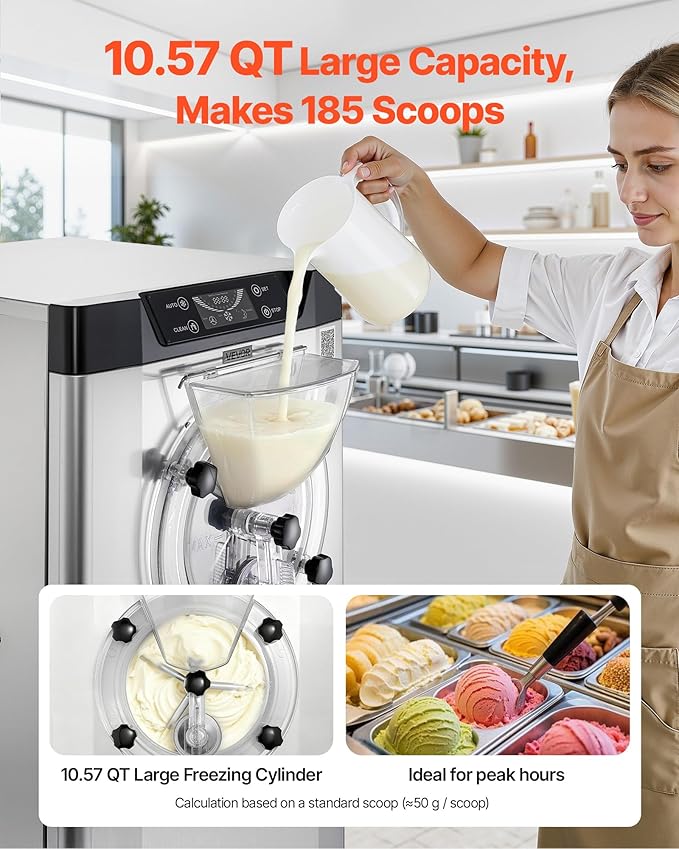 VEVOR Commercial Hard Ice Cream Machine, 2400W 3.17 to 5.28 Gallons per Hour, Gelato Hard Serve Ice Cream Maker with 10L 304 Stainless Steel Cylinder, Auto Clean LED Panel for Snack Bar Restaurants