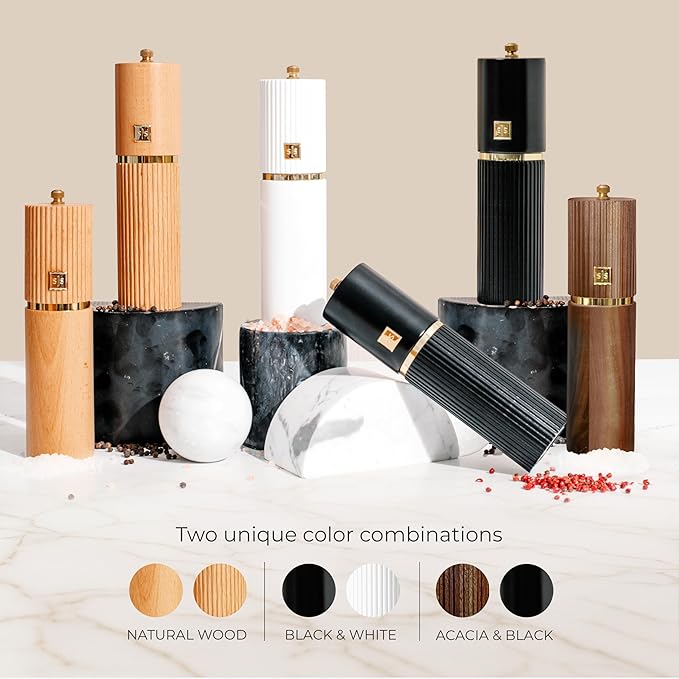 Wooden Salt and Pepper Grinder Set – Refillable Manual Salt and Pepper Mills with Adjustable Ceramic Burrs, Gold Detailing, and Wood Stand – Black and Dark Wood