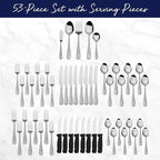 Pfaltzgraff Garland Frost Silverware Set 53-Piece, 18/0 Stainless Steel Flatware Set Service for 8 with Hostess Serving Utensils, Dishwasher Safe Cutlery Set