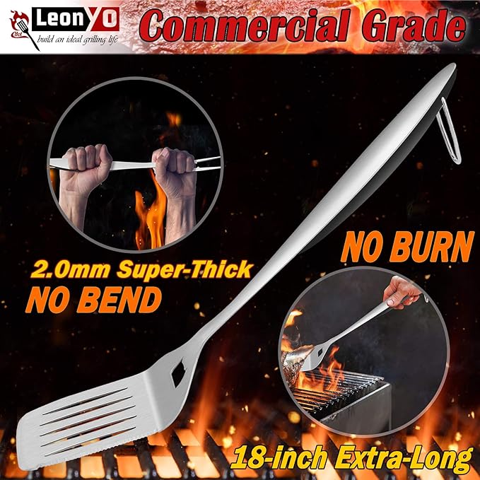 Leonyo Grill Tools Set of 6, 18Inch Extra-Long BBQ Tool Set, Heavy-Duty Barbecue Grilling Accessories, Stainless Steel Spatula, Fork, Tong, Basting Brush, Cleaning Brush, Carrying Bag