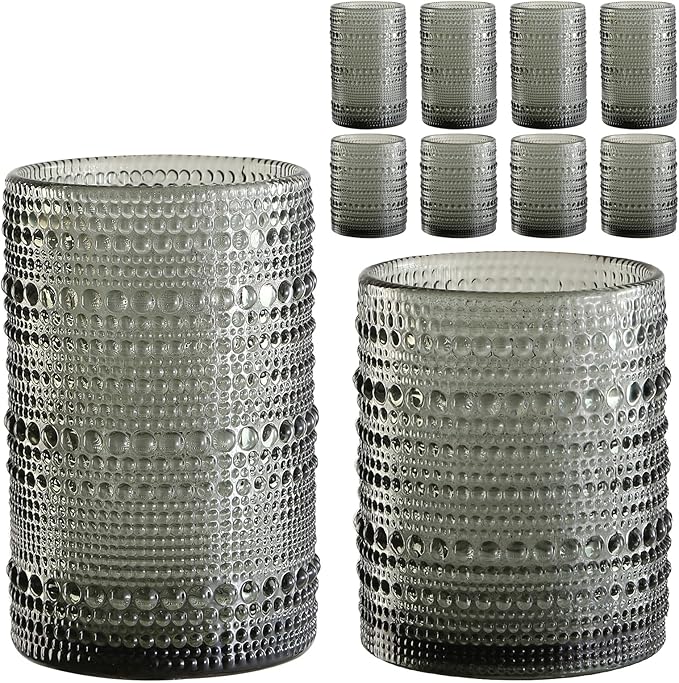 ZMOWIPDL Vintage Hobnail Drinking Glasses Set of 8,Grey 12 oz & 15oz Highball Glass Cups, Kitchen Drinkware Glassware,Embossed Water Tumbler,for Beer,Cocktail,Whiskey,Juice and Various Mixed Drinks