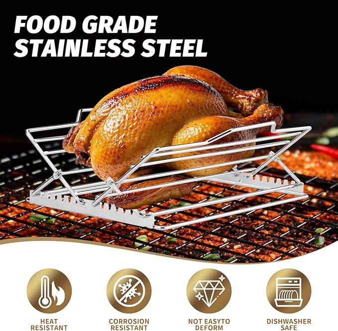 Adjustable Chicken Roasting Rack,Non-Stick Roasting and Cooling Rack, Stainless Steel Foldable Roasting Rack,V-Shaped Stand for Turkey Chicken Includes basting Brush (Silver)