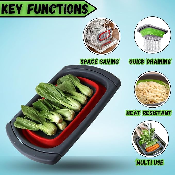 Over the Sink Collapsible Colander Strainer (5 Quart) with Extendable Handles, BPA Free Silicone Kitchen Strainer for Vegetables, Fruit & Pasta, Foldable Sink Colander Basket (1pc red)