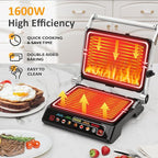 Sunvivi Indoor Grill & Griddle with Preset Menu, 1600W Electric Panini Press Sandwich Maker, Removable Nonstick Plates, Locking Lid, Double-sided Grill with 180° Flat Opening, Stainless Steel, Black
