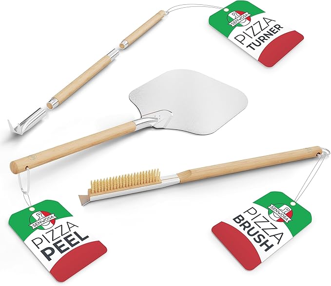 Senwosa Pizza Oven Accessories Set - 3 Piece Pizza Making Kit with Pizza Peel, Pizza Oven & Stone Brush with Scraper, Turning Fork & Bubble Popper - Tools for Indoor Outdoor Brick Wood Gas Ovens