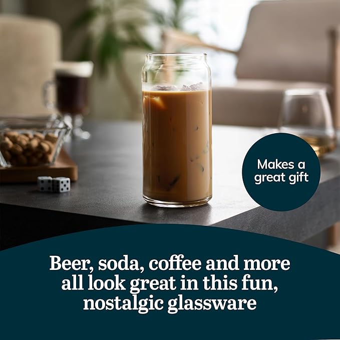 Libbey Classic Can XL Set of Drinking Glasses, Iced Coffee Cups Set of 4, 20 Oz, Dishwasher Safe Glass Beer Cups for Beverages and Cocktails