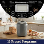 Elite Gourmet Programmable Bread Maker with PFAS-Free CERALAST™ Ceramic Pan, 2 lb Loaf, 19 Presets incl. Gluten-Free, 3 Sizes, Delay Timer, Steel Gray